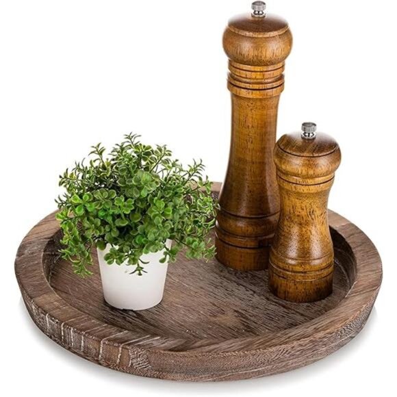 Rustic Wooden Serving Tray:Round Wood Butler Decorative Tray Vintage Centerpiece - Picture 6 of 6
